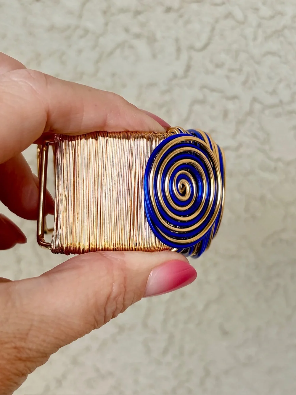 Sparkling Blue and Gold Wire Wrapped Cuff Bracelet